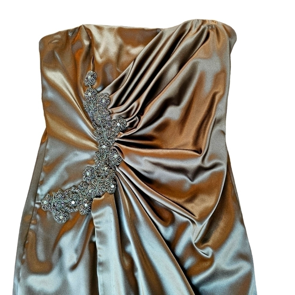 Army Green (NOT Brown) Short Strapless Satin Formal Dress with Beading Size XS - Picture 2 of 10